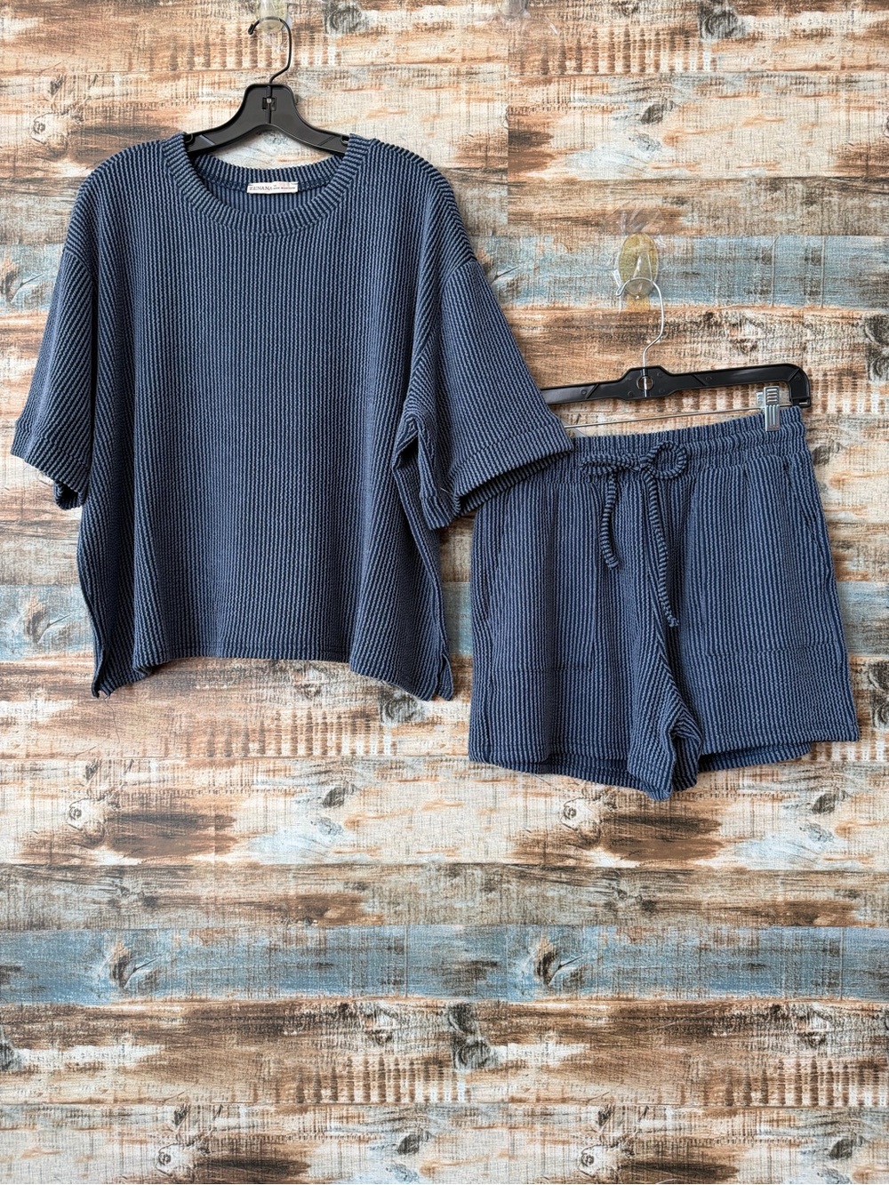 Zenana  Knit Navy Drawstring Shorts - Women's Two-Piece Lounge Set